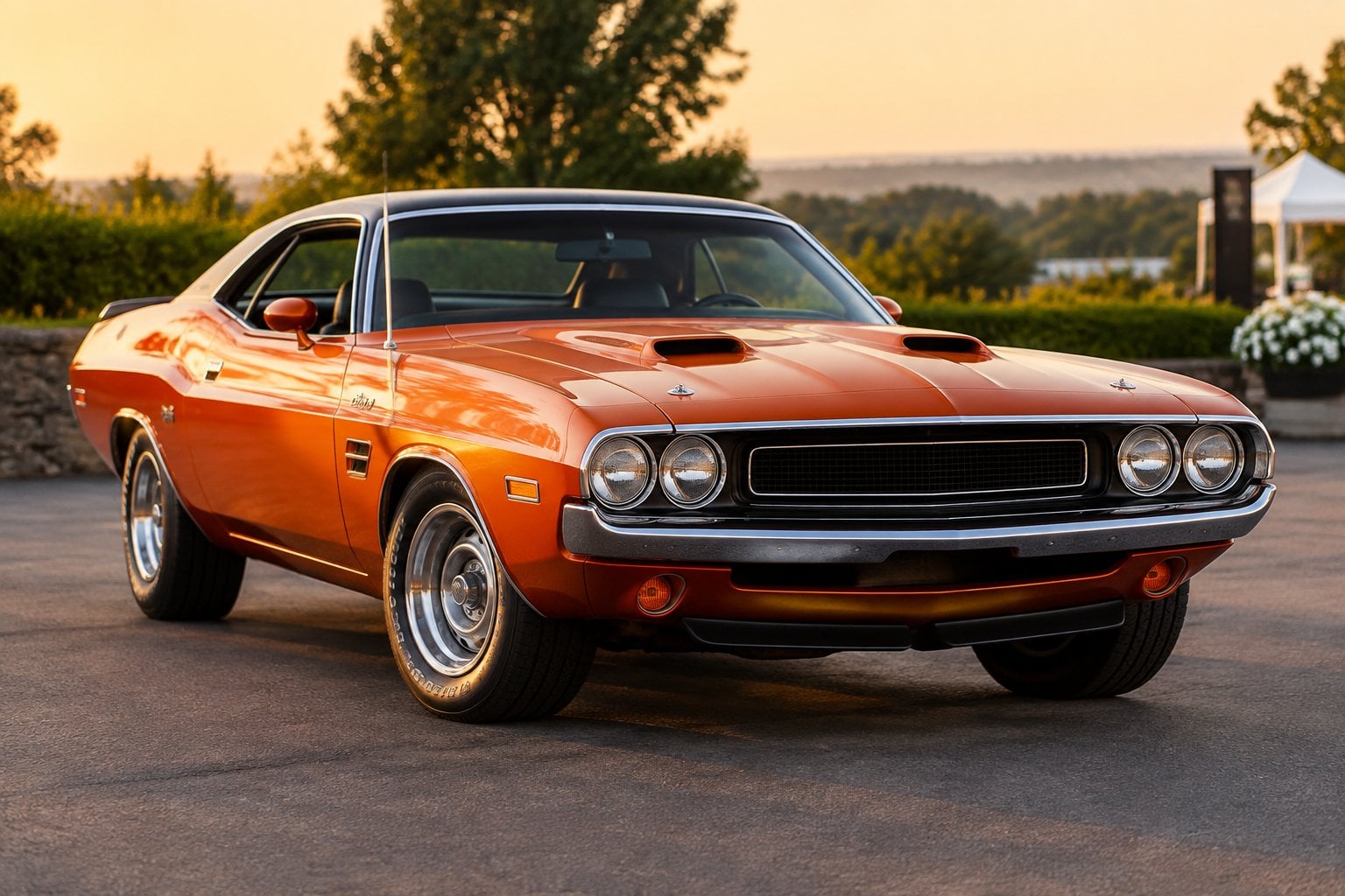 A burnt-orange 1971 Dodge Challenger R/T Hemi parked outdoors.