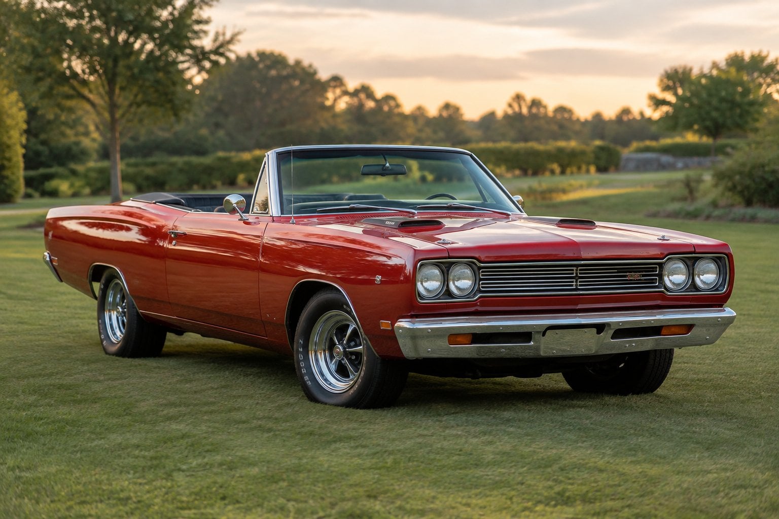 A red classic muscle car convertible parked on a paved drive.