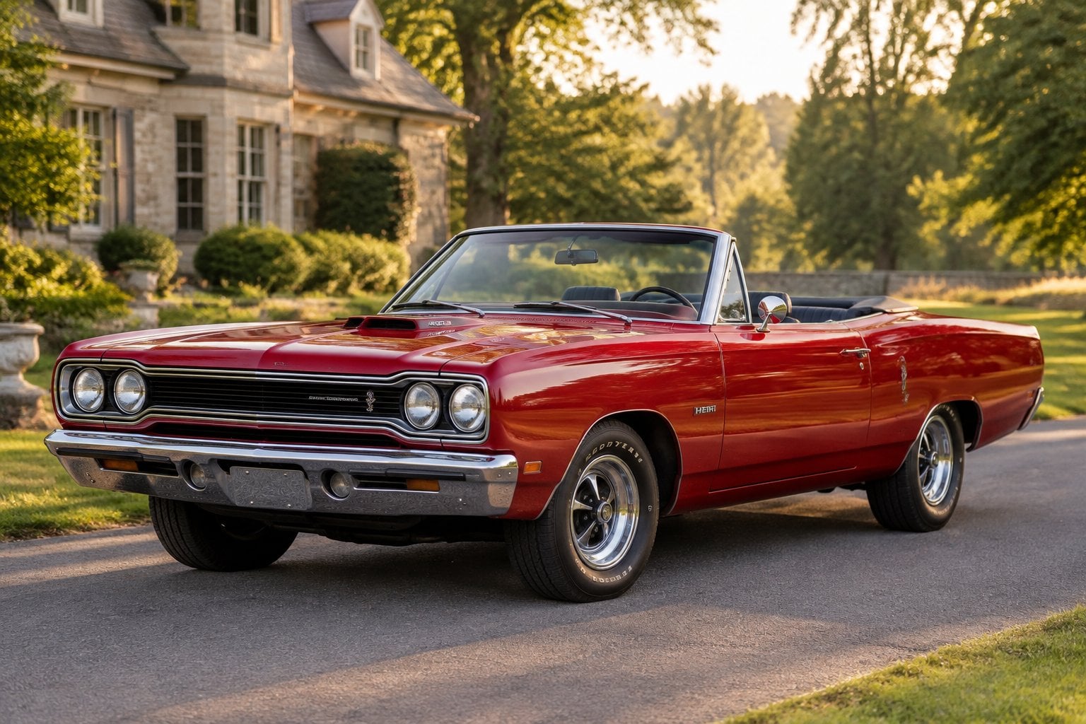 A red classic Plymouth convertible parked on a country road.
