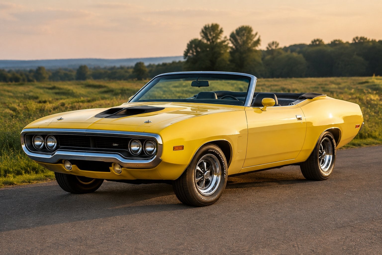 A red 1971 Plymouth Road Runner convertible parked beside an open field.