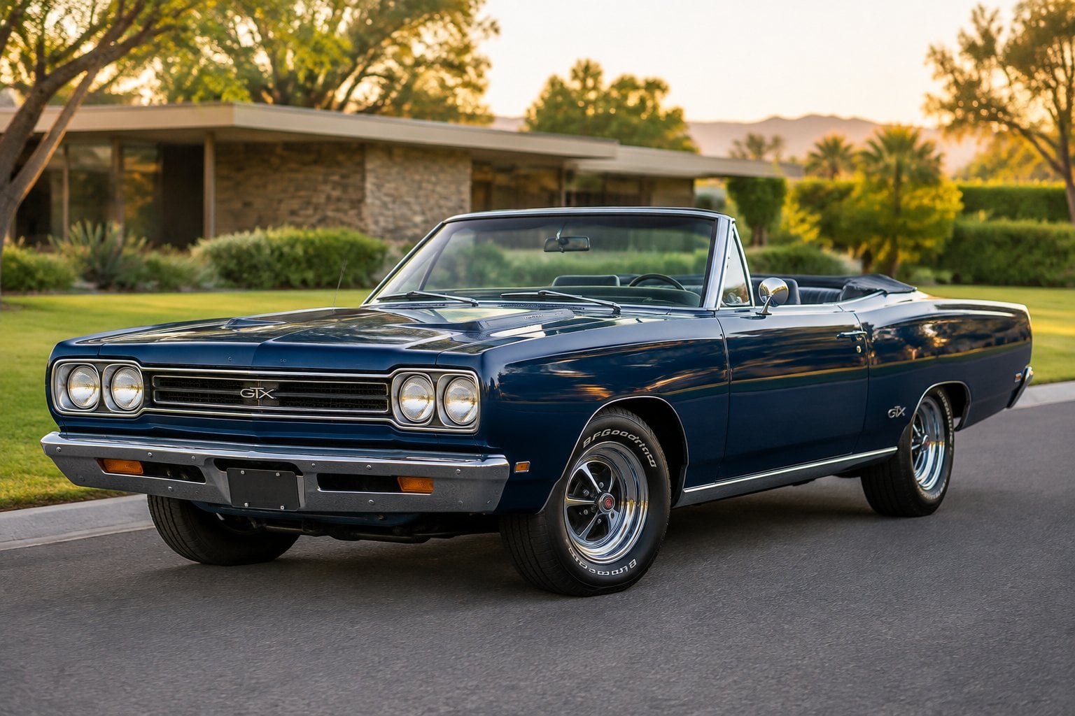 A blue 1969 Plymouth GTX convertible parked beside a modern home.