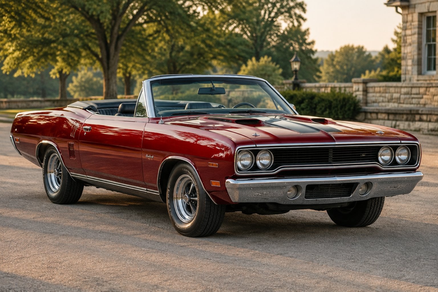 A red 1970 Plymouth GTX convertible parked on a tree-lined lane.