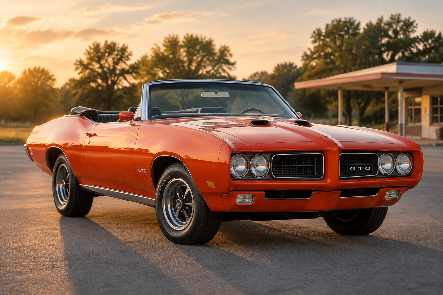 An orange-red classic convertible muscle car parked on a quiet road in warm evening light.