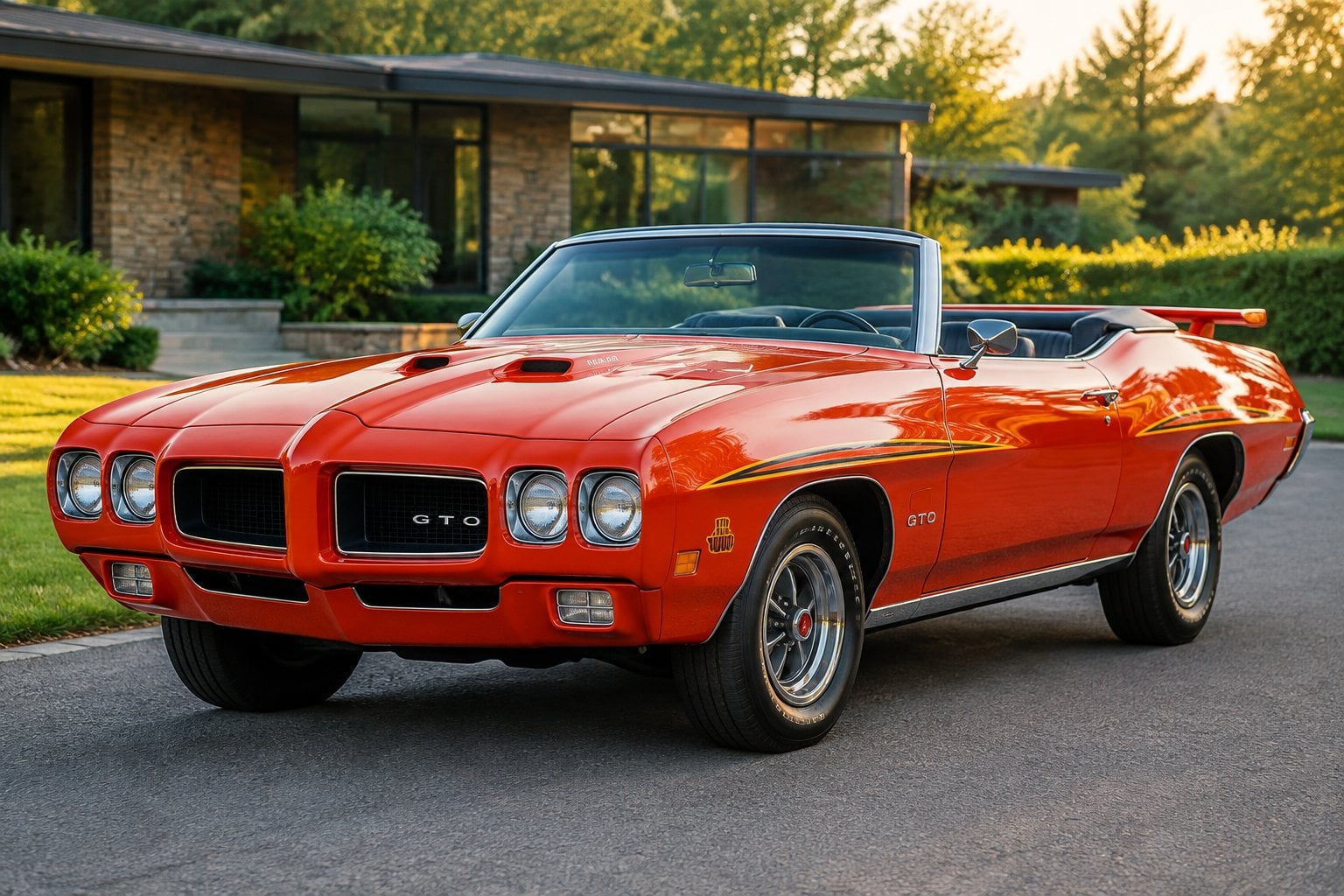 An orange-red classic convertible parked on a quiet road beside greenery.