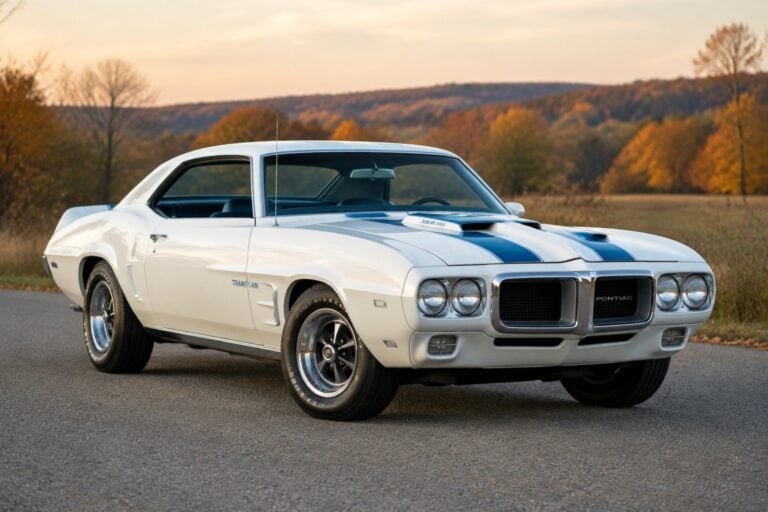 A white 1969 Pontiac Trans Am with blue stripes parked on a country road.