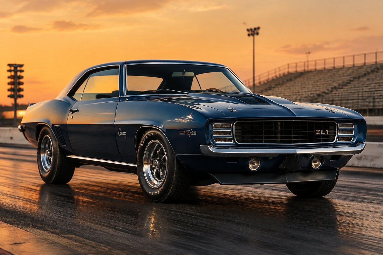 A blue 1969 Chevrolet Camaro parked at a dragstrip at sunset.
