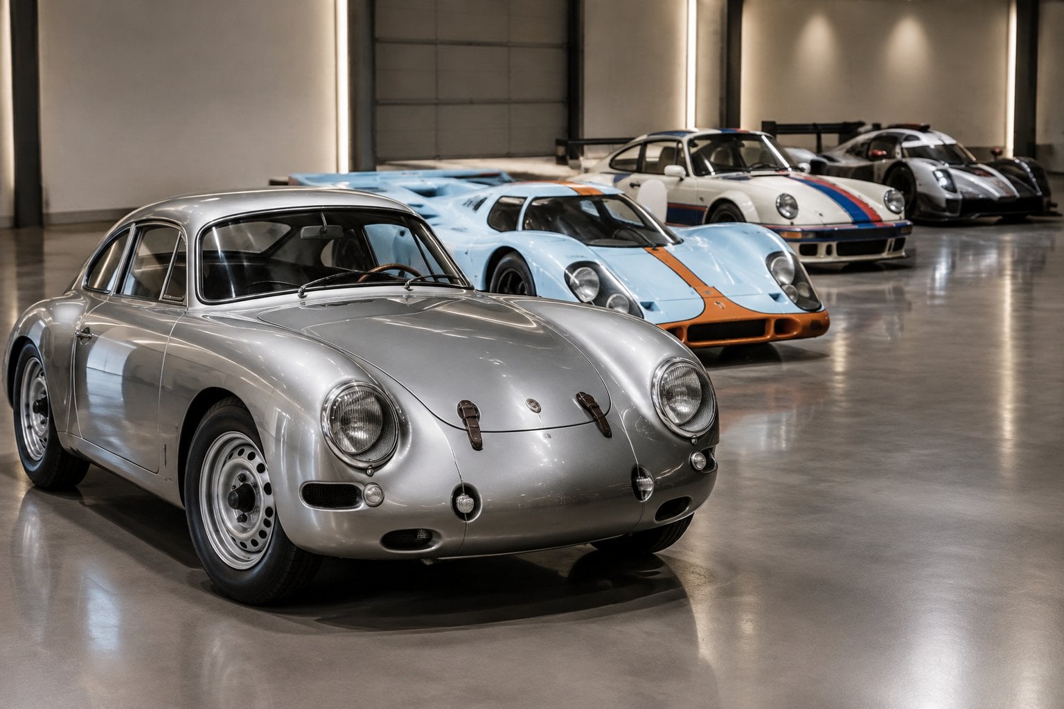A lineup of rare Porsche sports cars in a private garage.