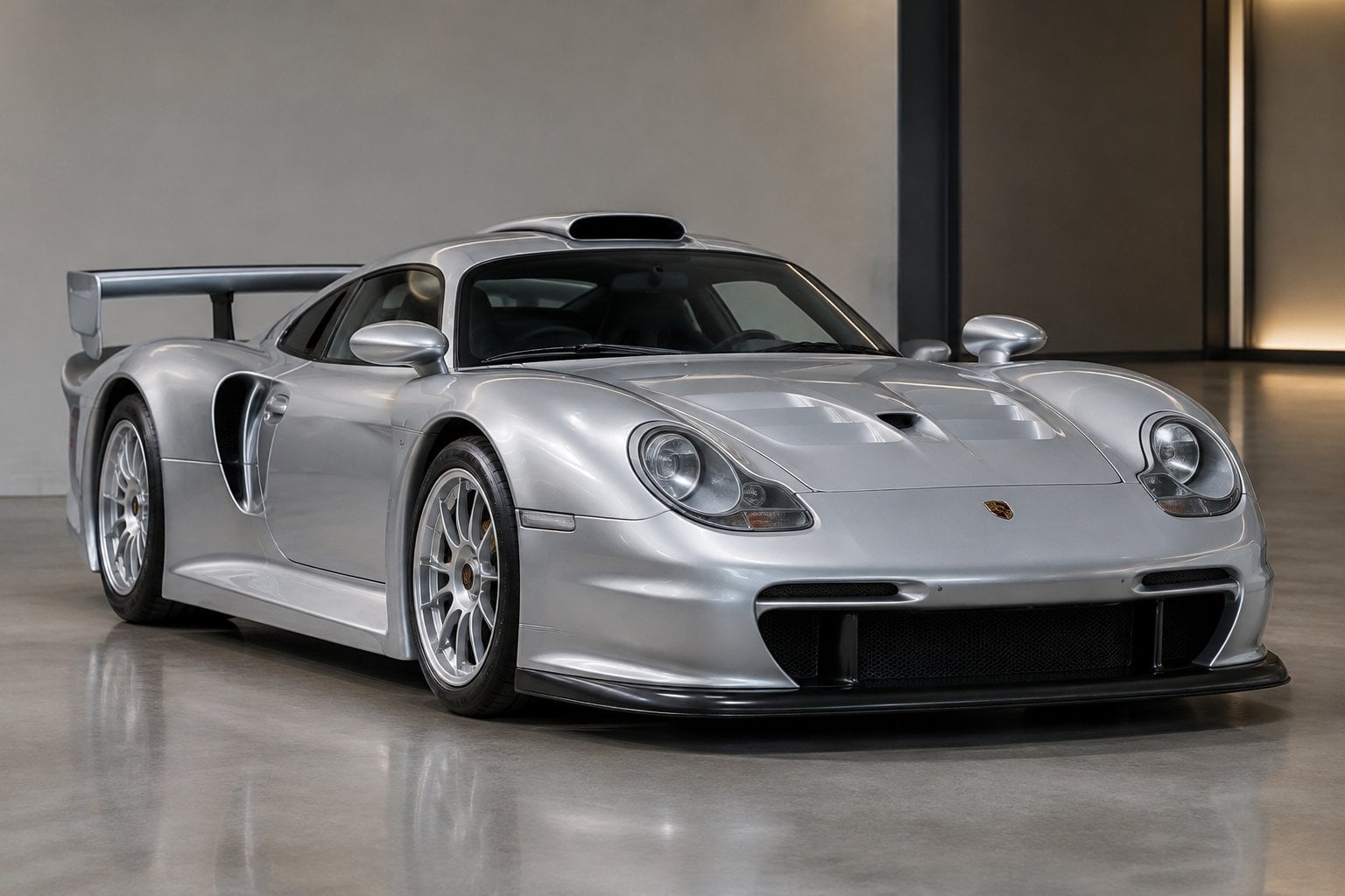 A silver Porsche 911 GT1 Strassenversion displayed in a private garage.