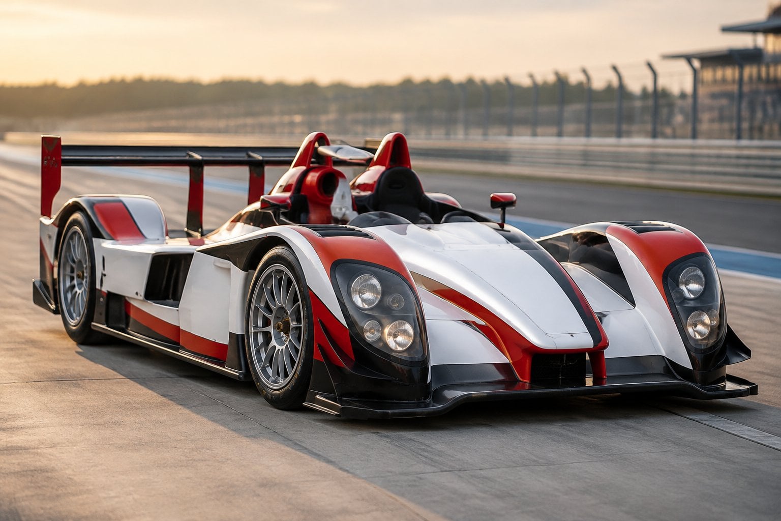 A Porsche RS Spyder Evo parked beside a racetrack.