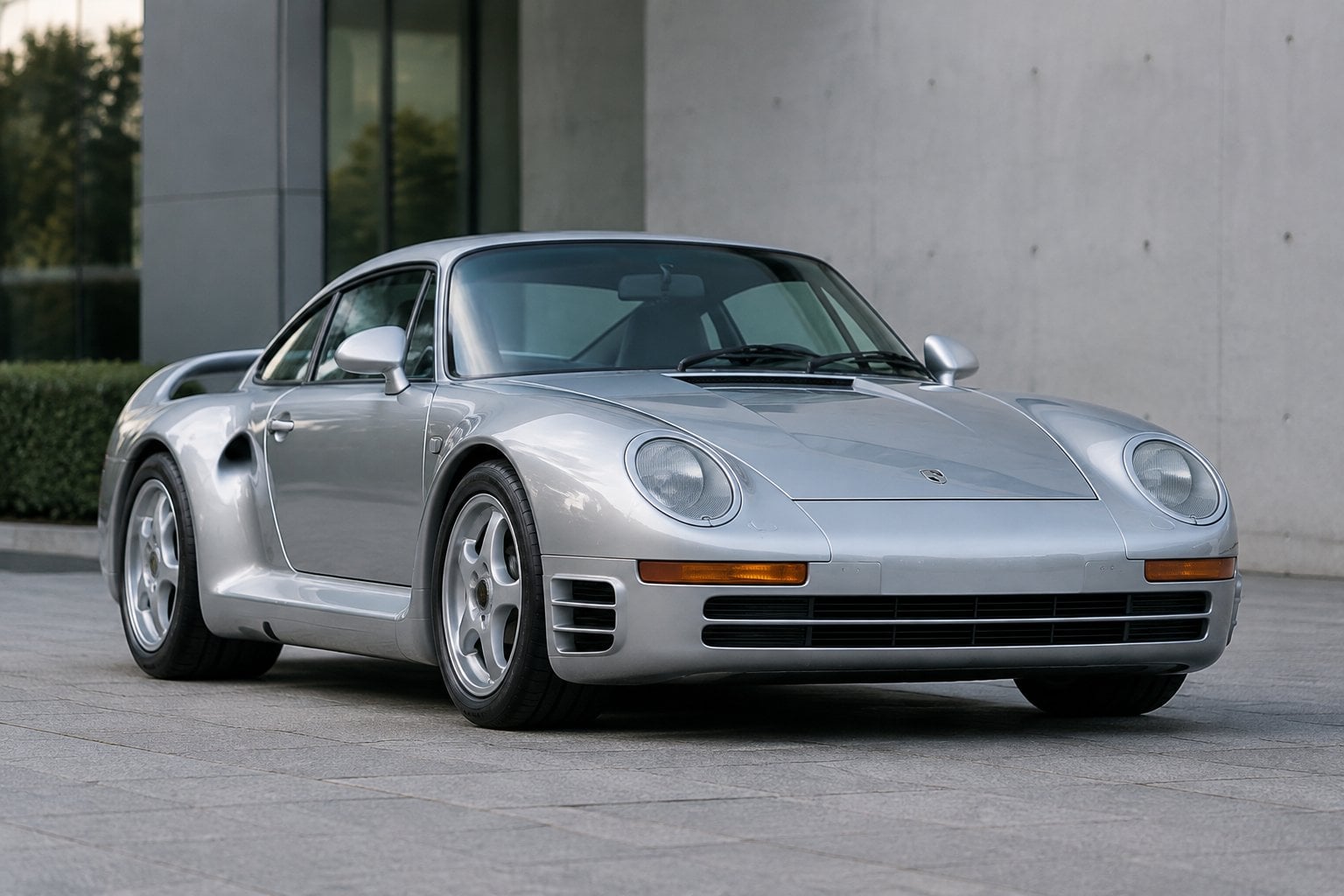 A silver classic sports car parked outside a modern building.
