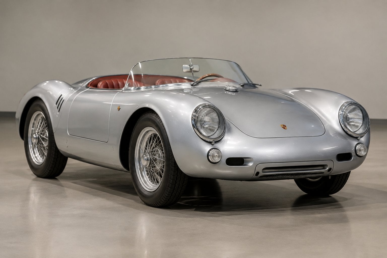A silver vintage Porsche roadster displayed in an auction showroom.