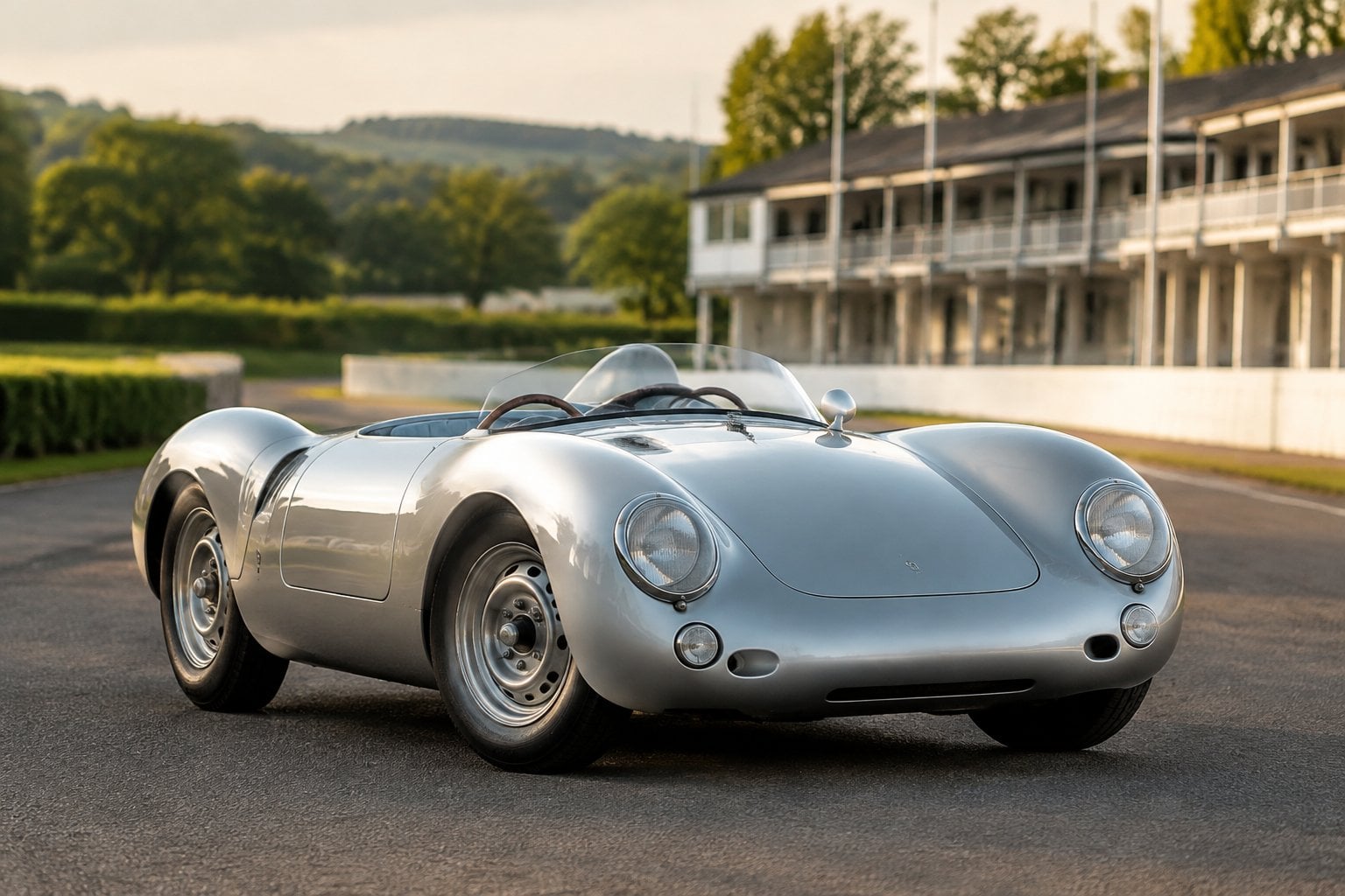 A silver vintage sports car parked on a paved road.