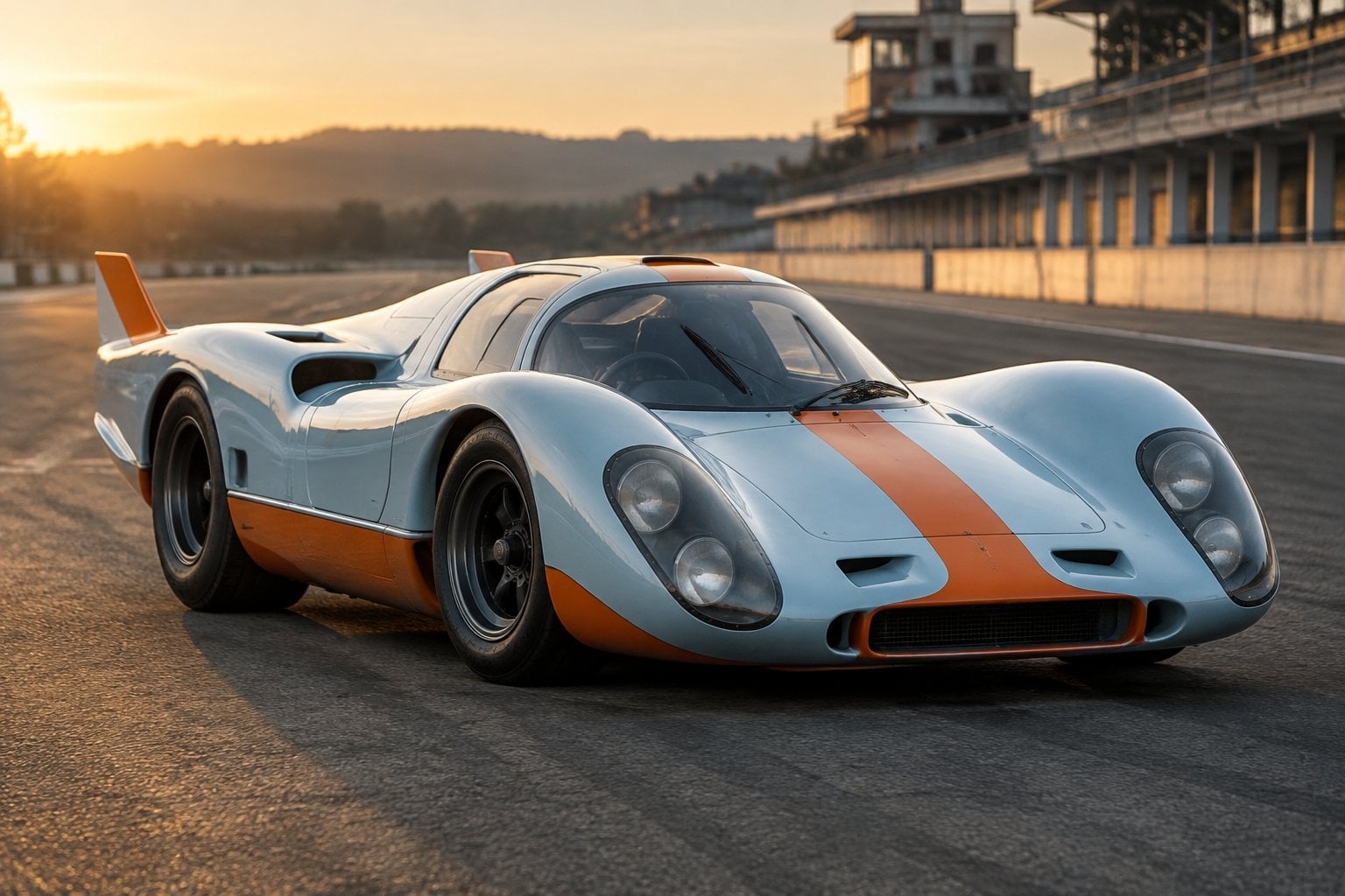 A vintage Porsche racing car parked on a race track.