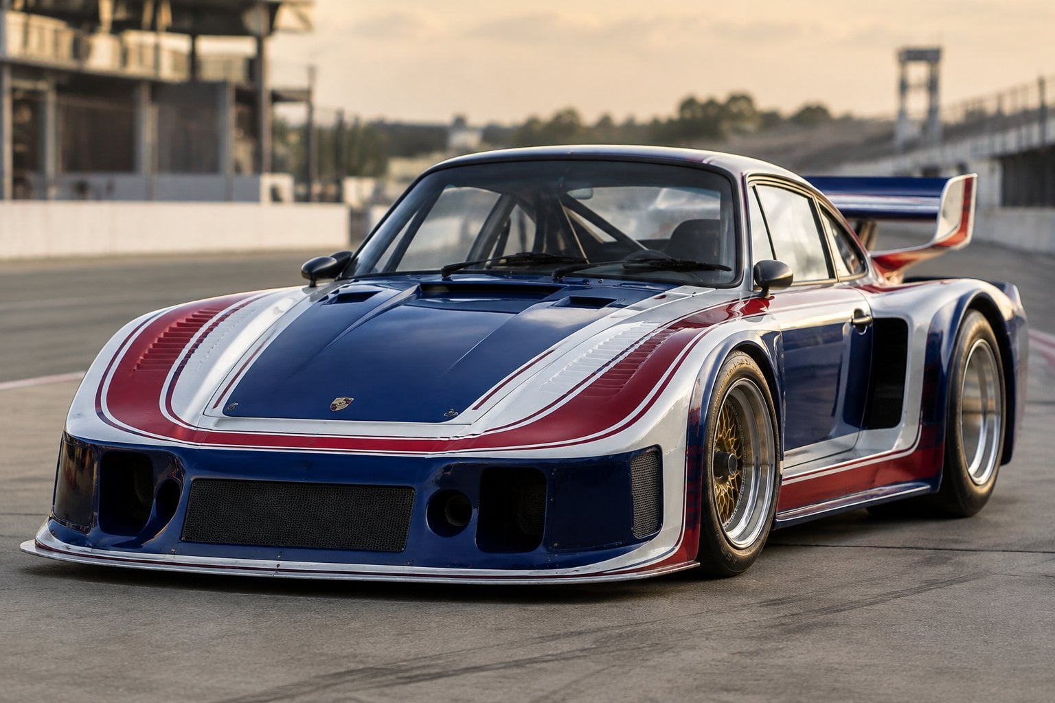 A classic blue, white, and red Porsche race car parked on a pit lane.
