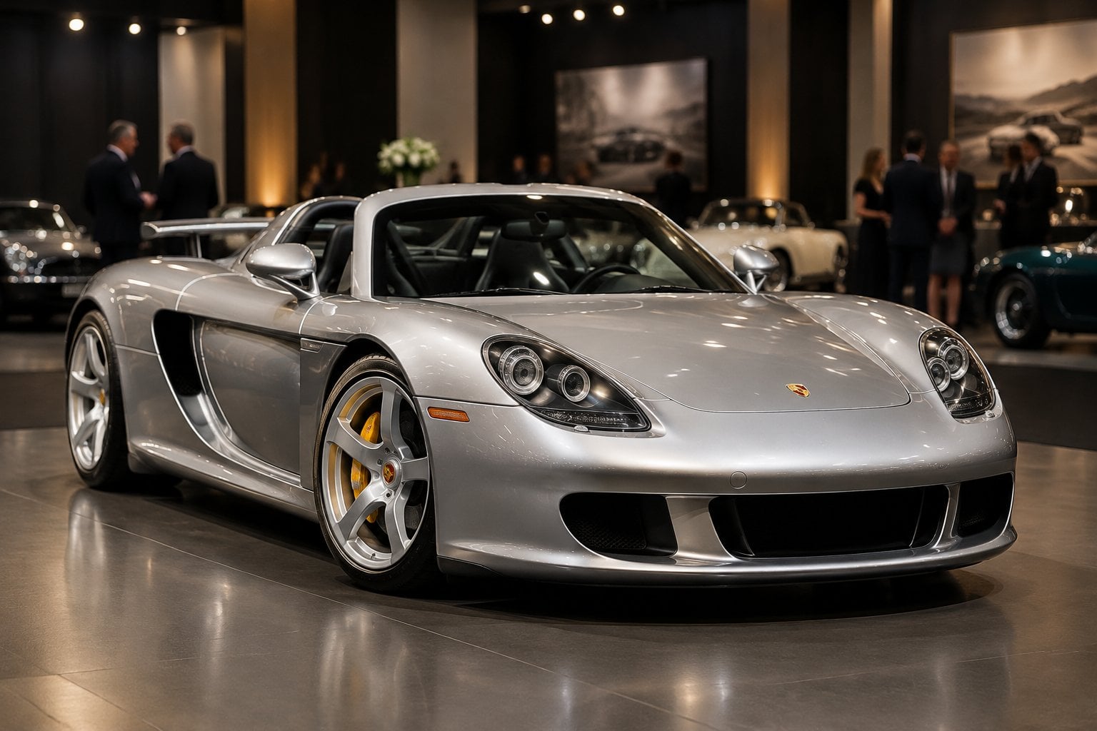 A silver Porsche Carrera GT displayed at a collector-car auction.