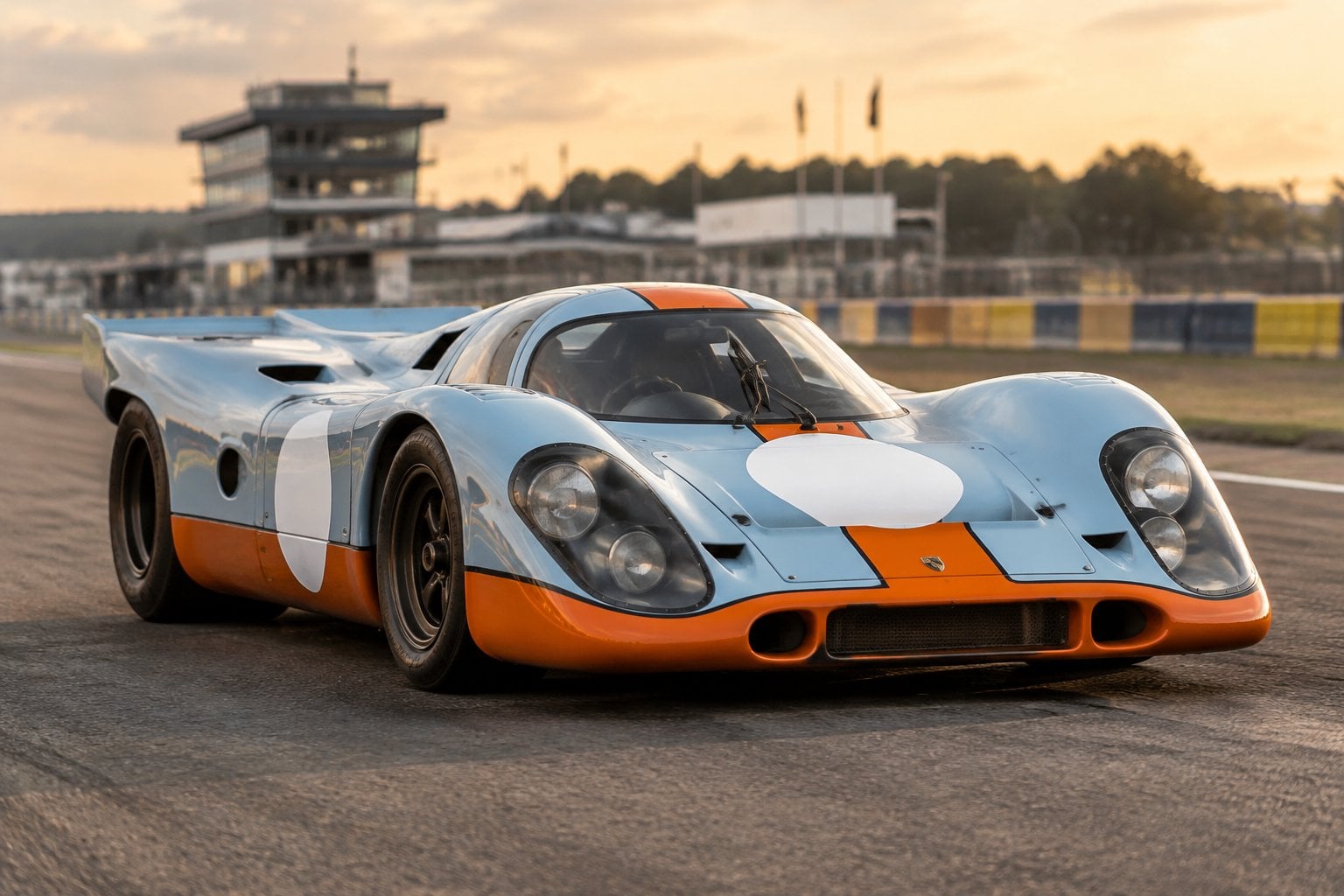 A blue-and-orange vintage Porsche race car parked on a racetrack.