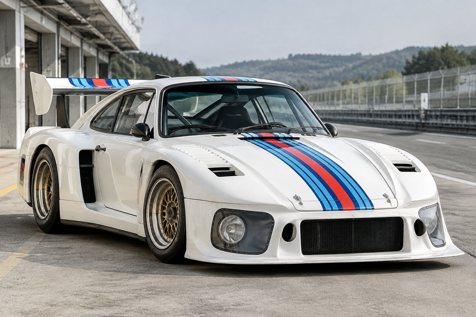 A vintage Porsche race car parked in a motorsport paddock.