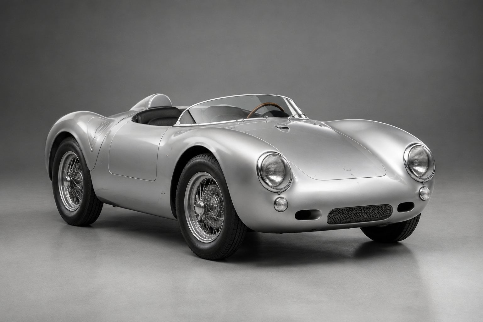A silver 1955 Porsche 550 Spyder displayed in a studio.