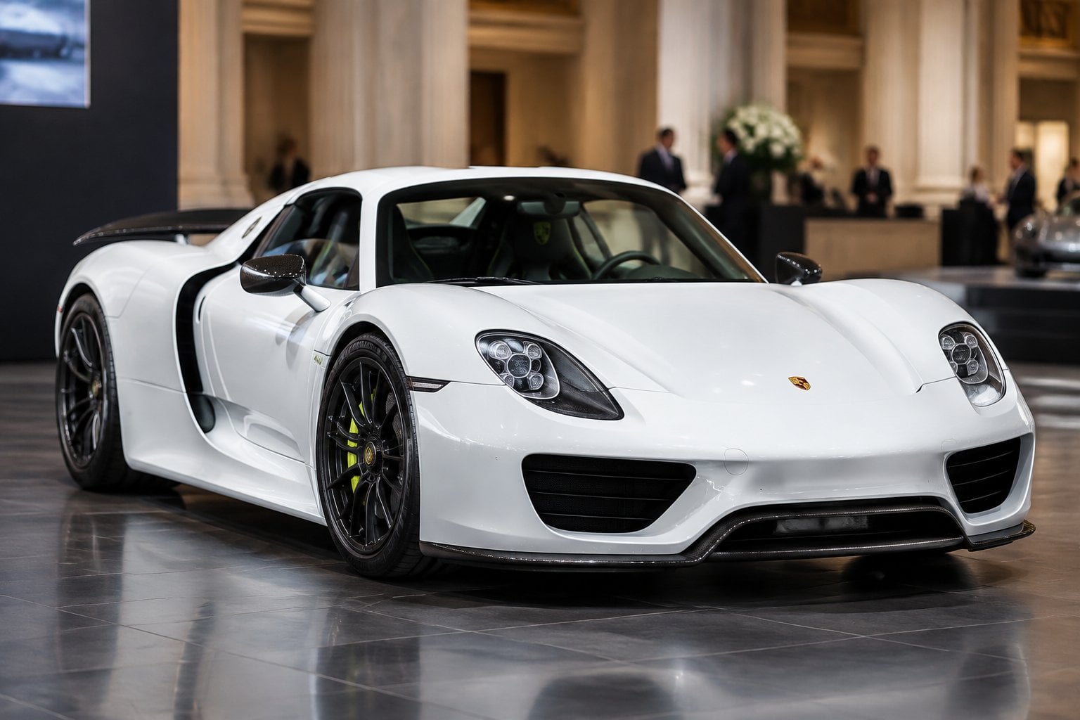 A white Porsche 918 Spyder displayed at a luxury car auction.