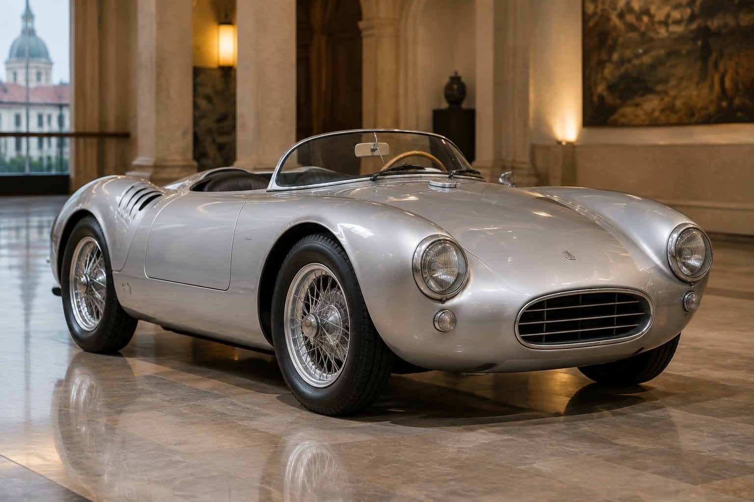 A silver vintage Porsche roadster displayed in an elegant indoor venue.