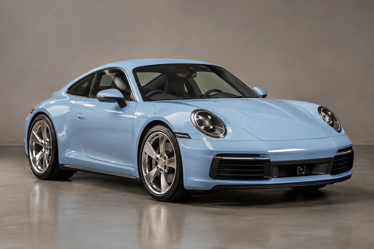 A powder-blue Porsche 911 parked in a studio.