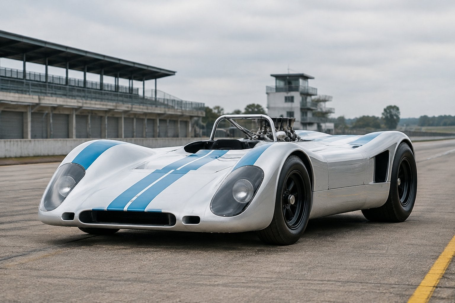 A vintage open-cockpit Porsche race car parked at a racetrack.