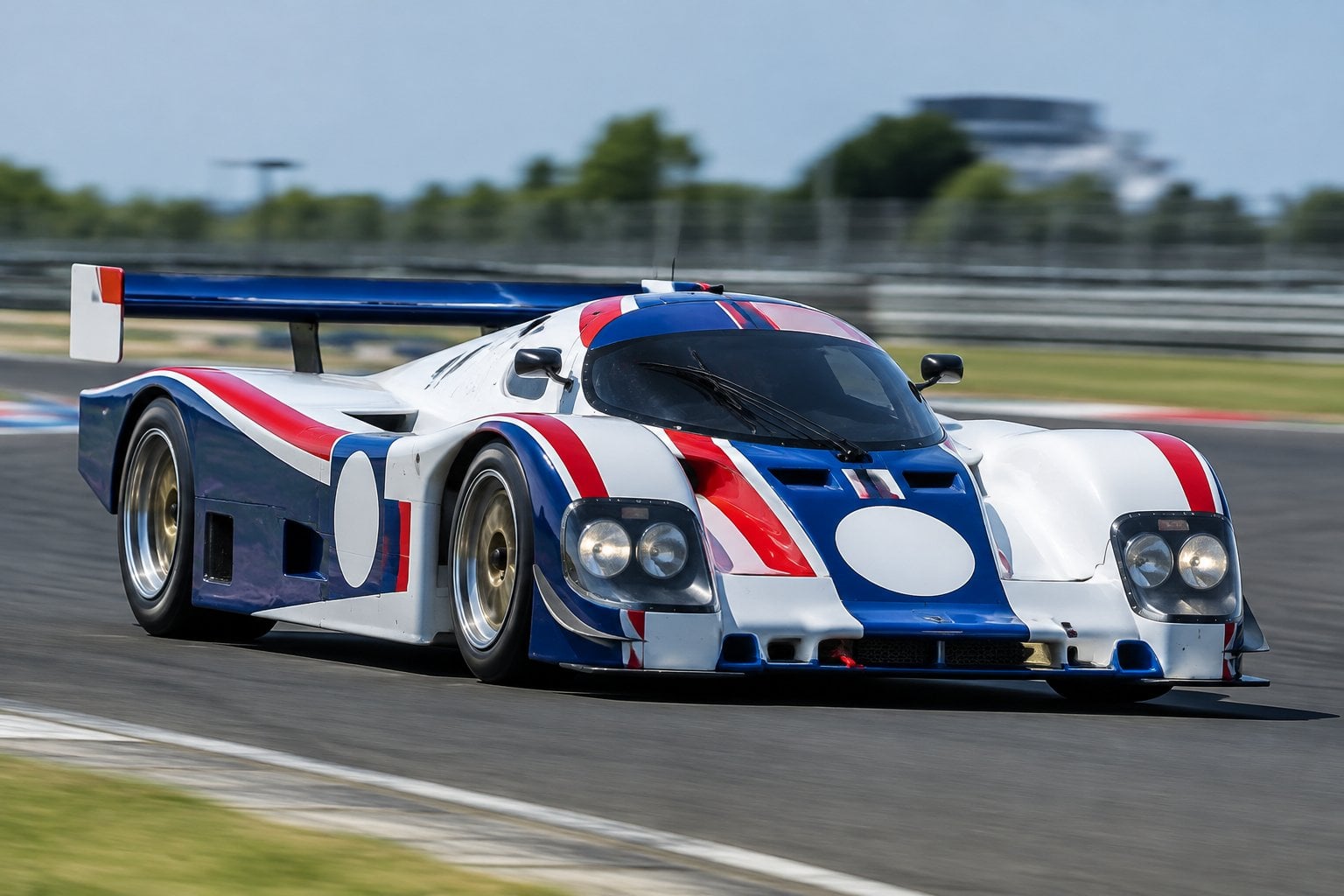 A white racing prototype with red and blue accents speeds around a race circuit.