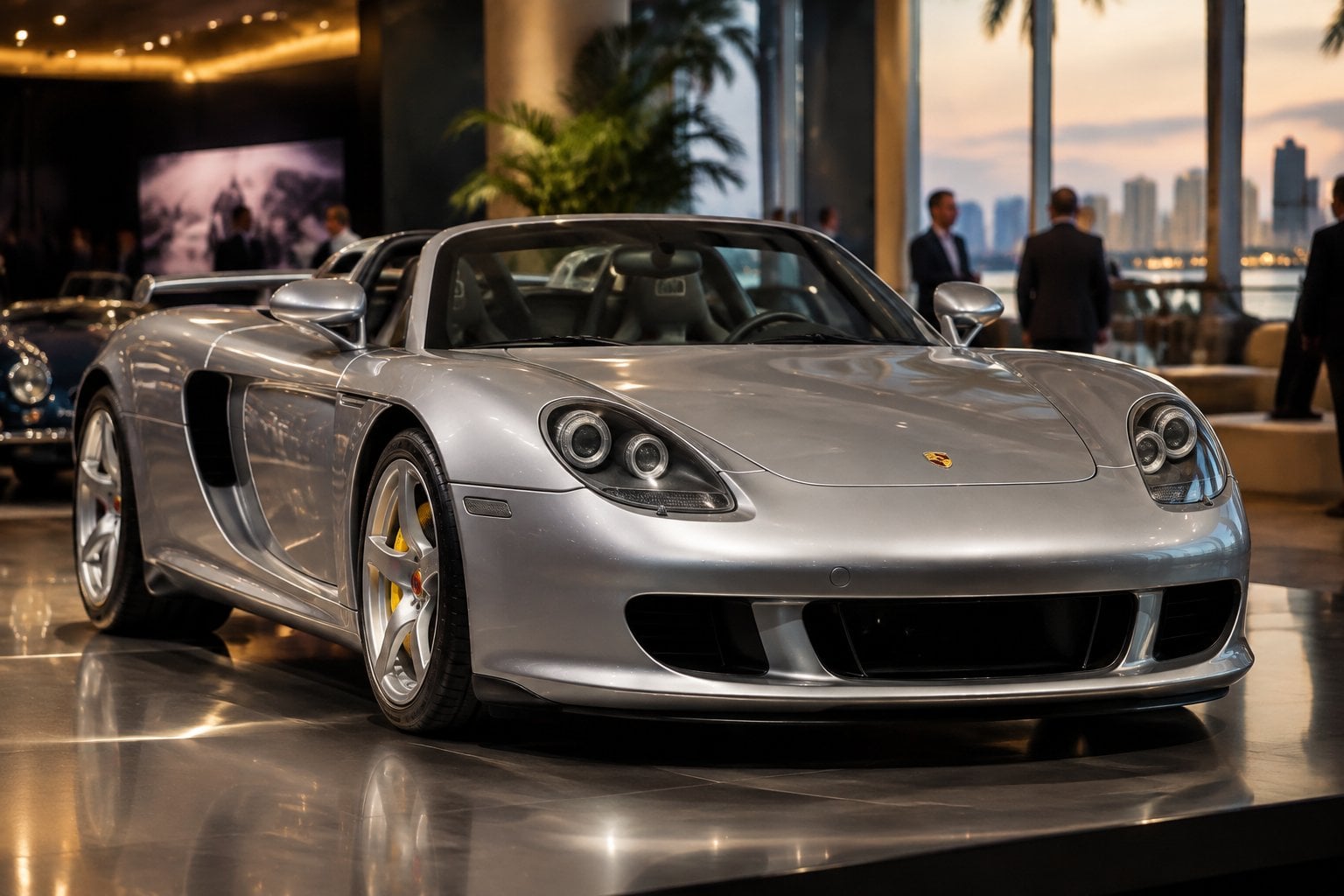 A silver Porsche Carrera GT displayed at a luxury car auction.