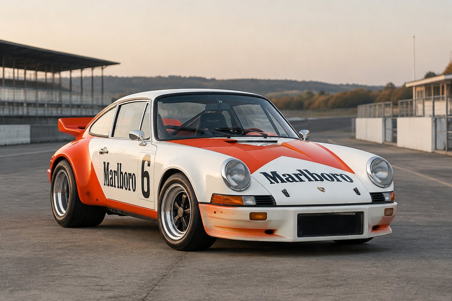 A white and red-orange classic Porsche race car parked on a quiet racetrack.