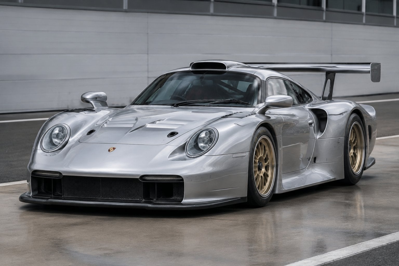 A 1997 Porsche 911 GT1 race car viewed from the front at an angle.
