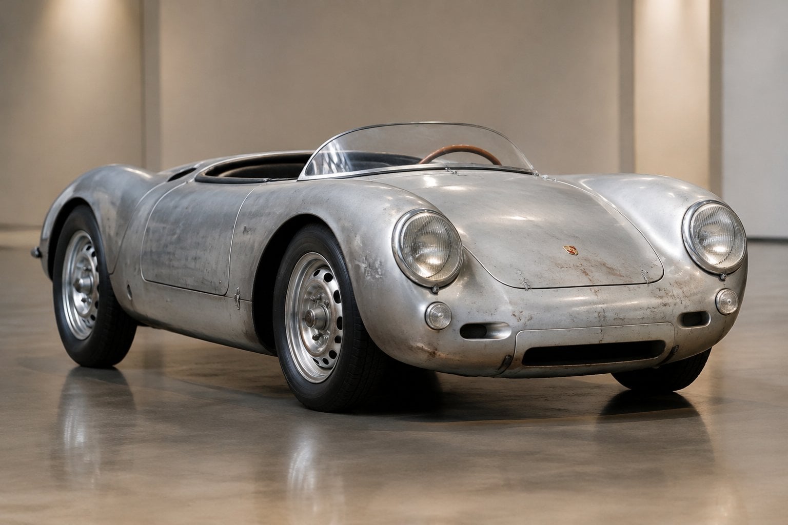 A vintage silver Porsche 550 Spyder displayed indoors.