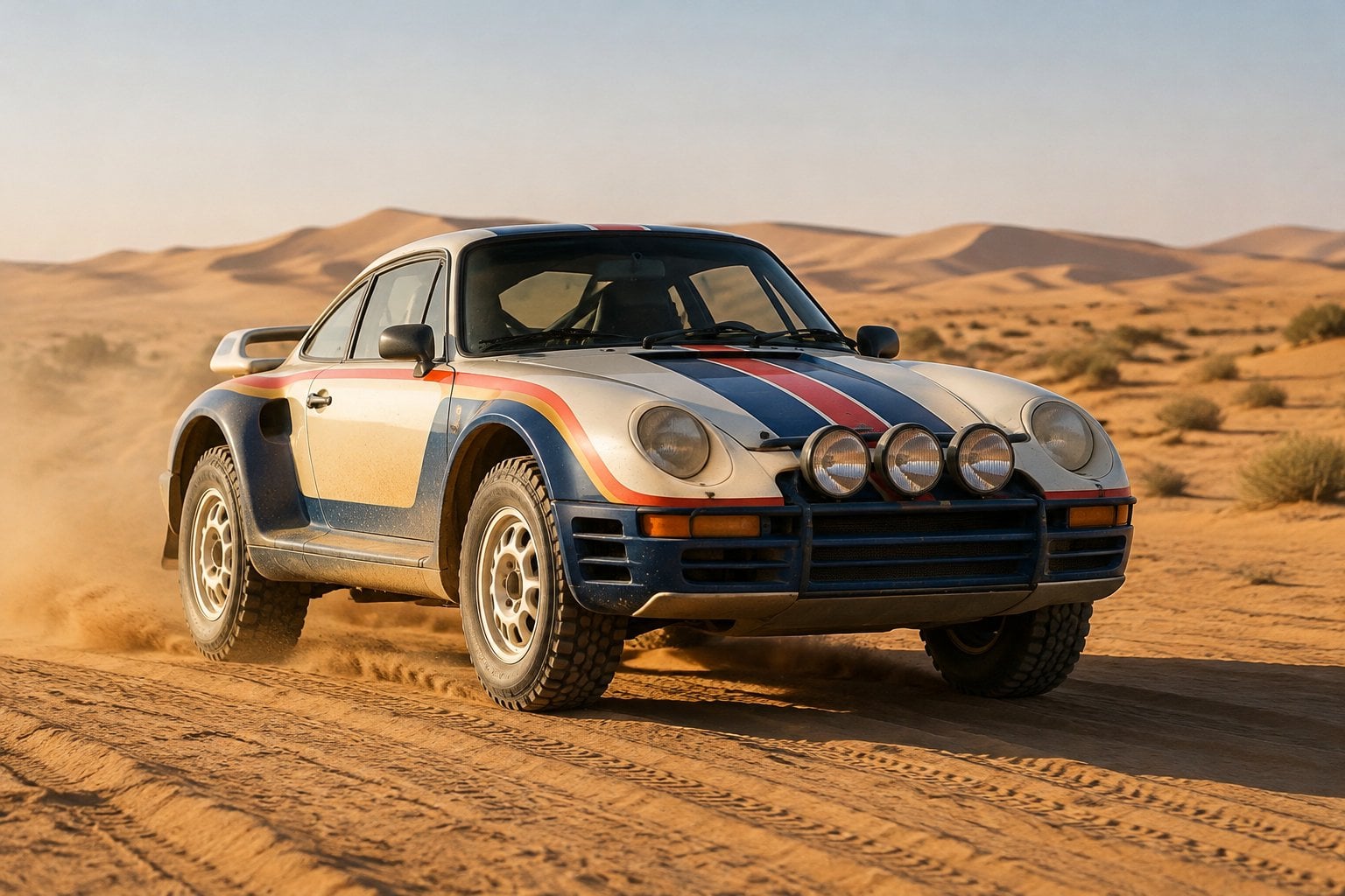 A rally sports car drives across a sandy desert track.