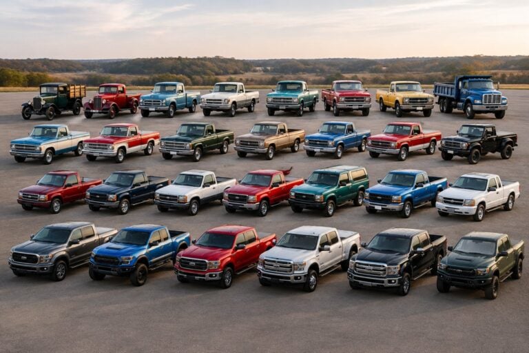 A lineup of Ford trucks from different eras arranged outdoors.
