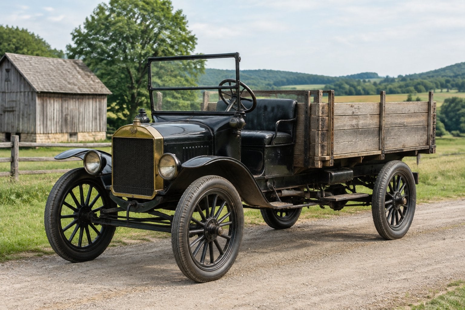 An early Ford truck parked on a rural road beside a farm.