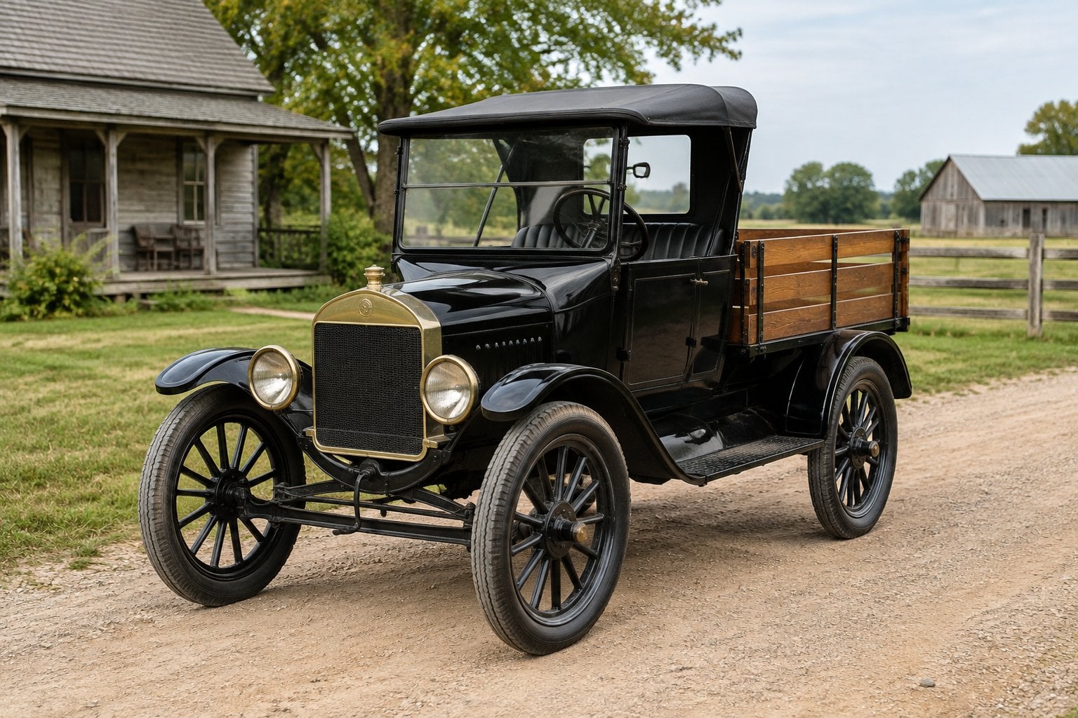 A 1925 Ford Model T pickup parked on a rural dirt road.