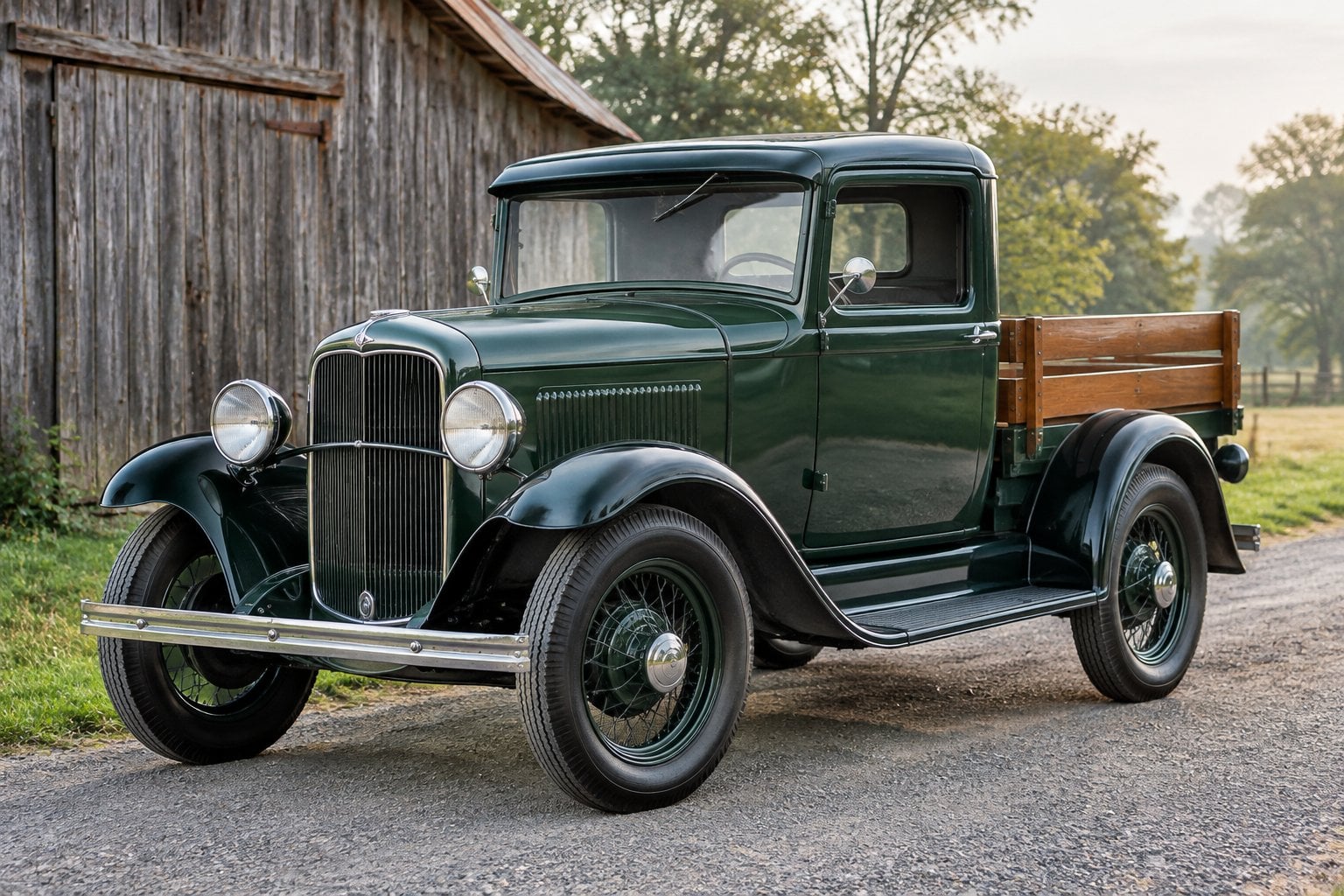 A restored green 1932 Ford pickup parked on a country road beside a wooden barn.