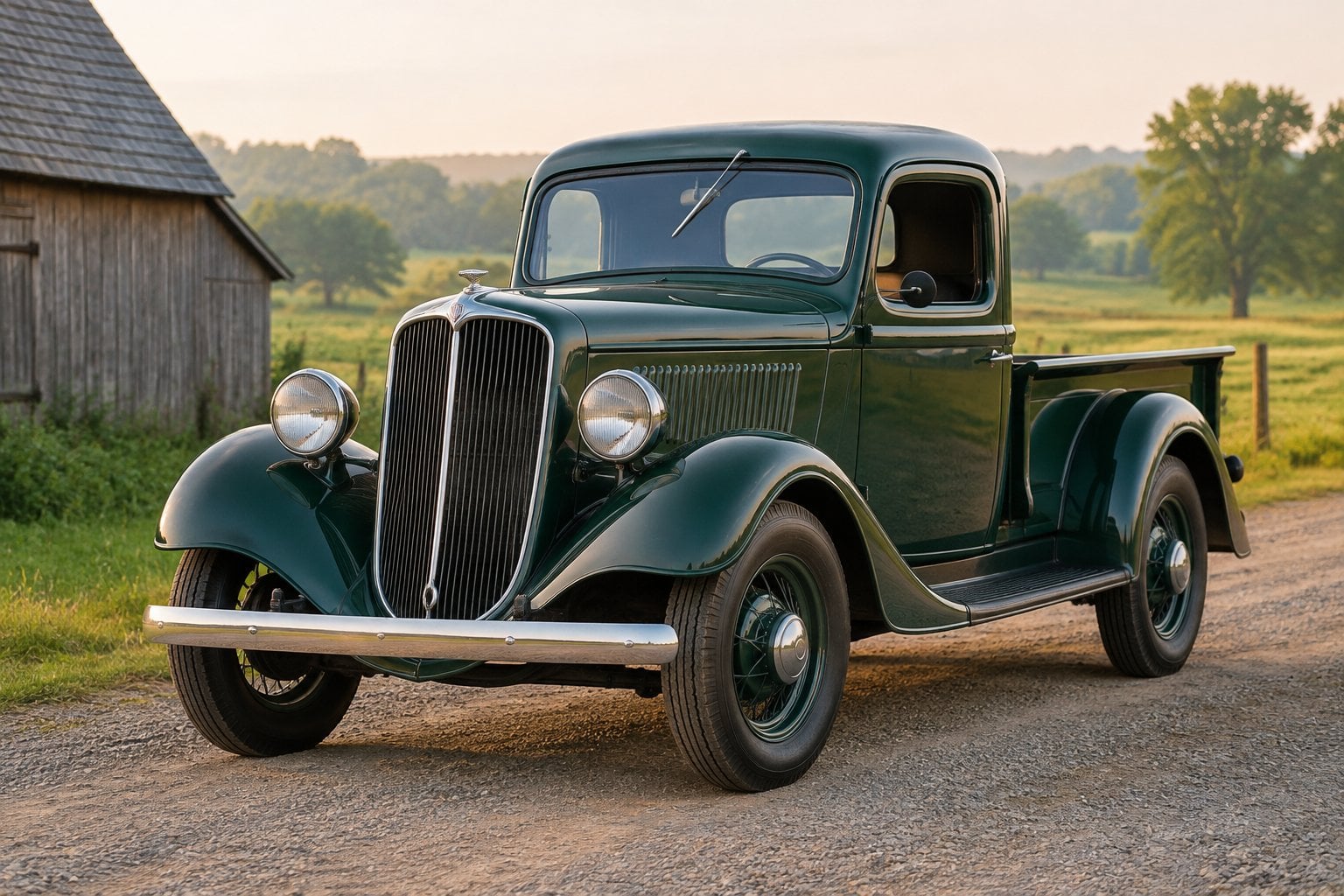 A 1935 Ford pickup truck parked on a country road beside a barn.
