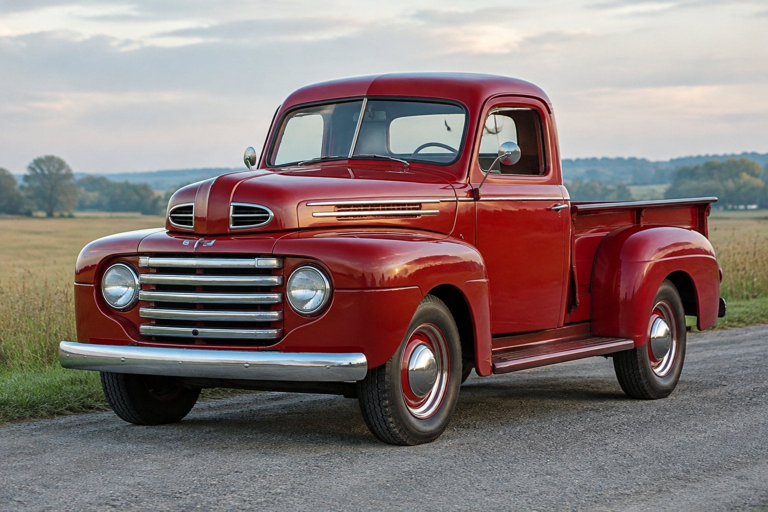 A restored red 1948 Ford F-1 pickup truck parked beside a rural field.