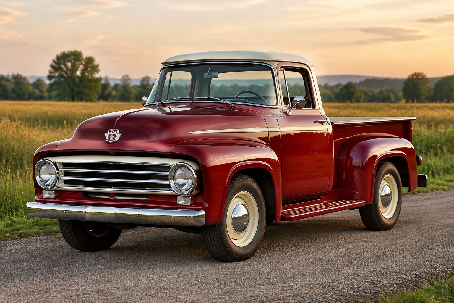 A red vintage Ford pickup truck parked beside a rural field.