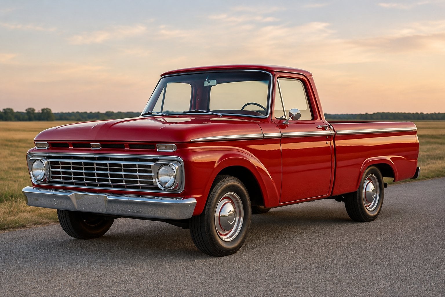 A restored red 1961 Ford F-100 pickup parked beside a country road.