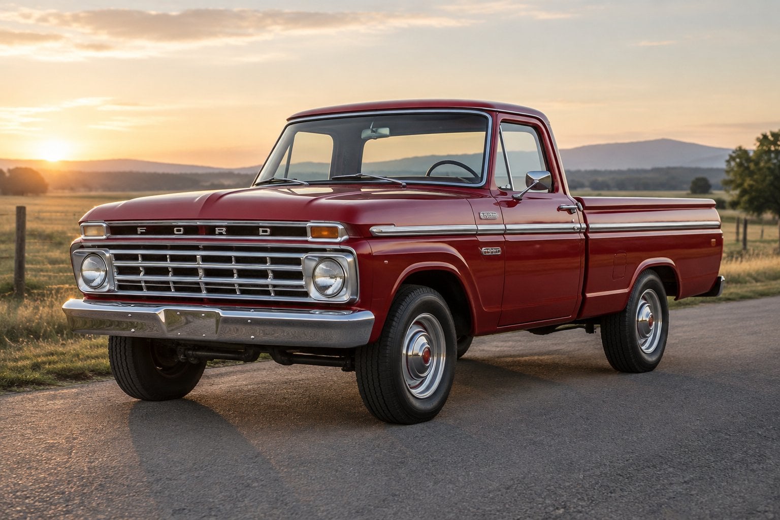 A classic pickup truck parked on a quiet rural road.