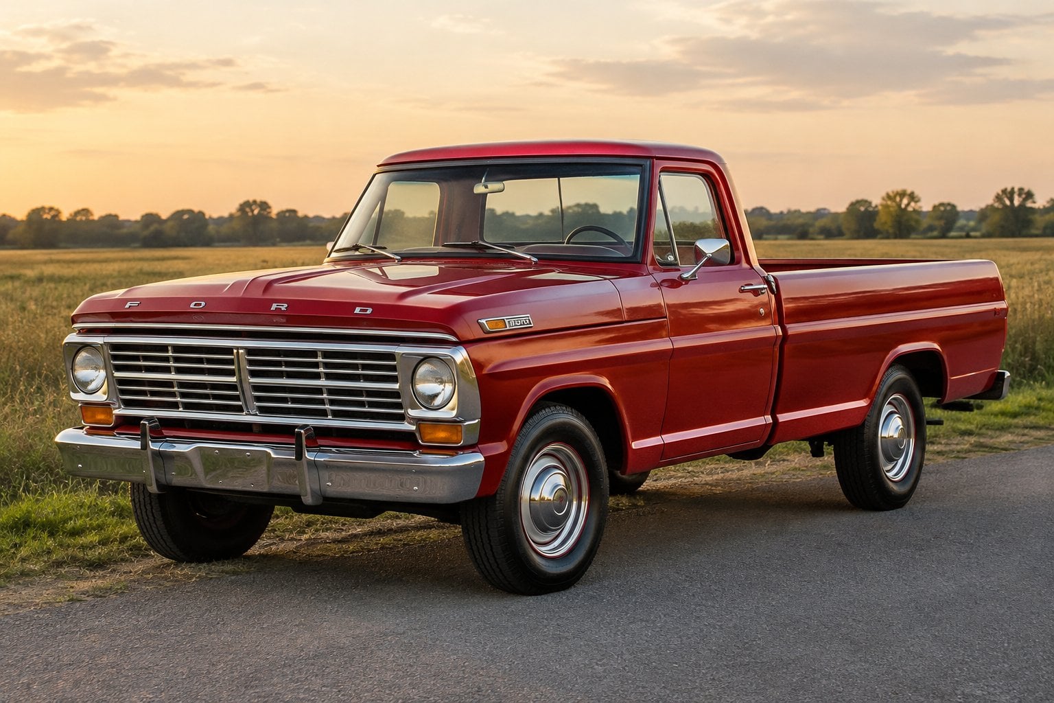 A red vintage pickup truck parked beside a country road.