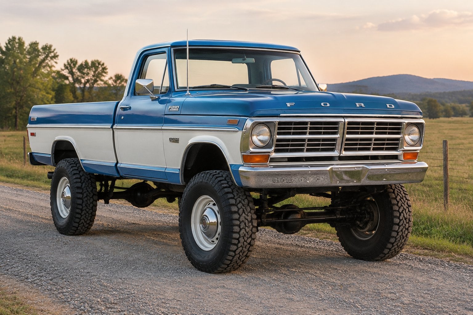 A classic Ford pickup parked on a rural gravel road.