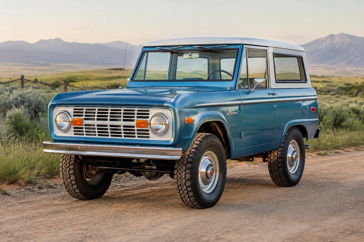 A vintage Ford Bronco parked on a dirt road in the countryside.