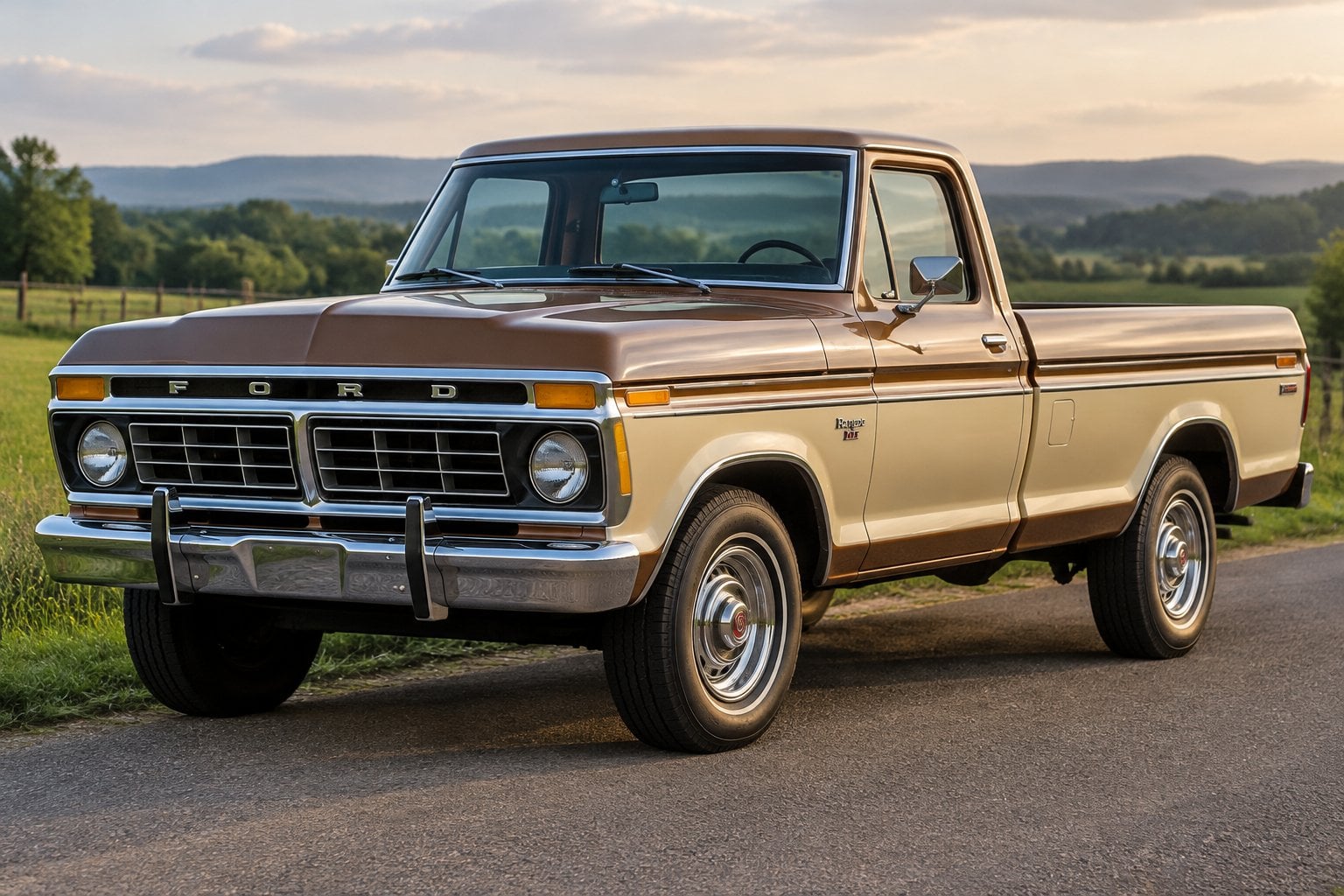 A classic 1973 Ford pickup parked on a country road.