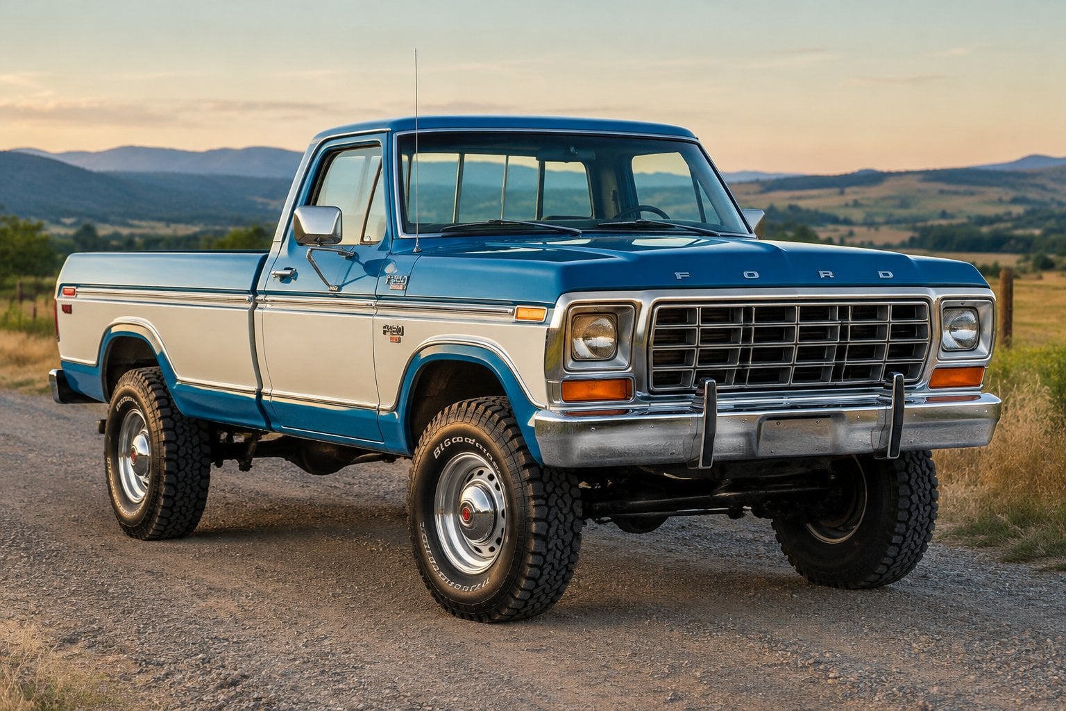 A 1977 Ford F-150 4x4 parked on a gravel road in a rural landscape.