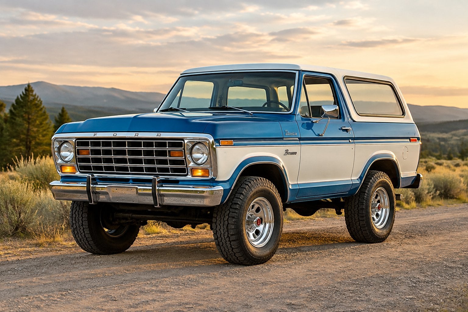 A classic Ford Bronco parked on a dirt road in the countryside.