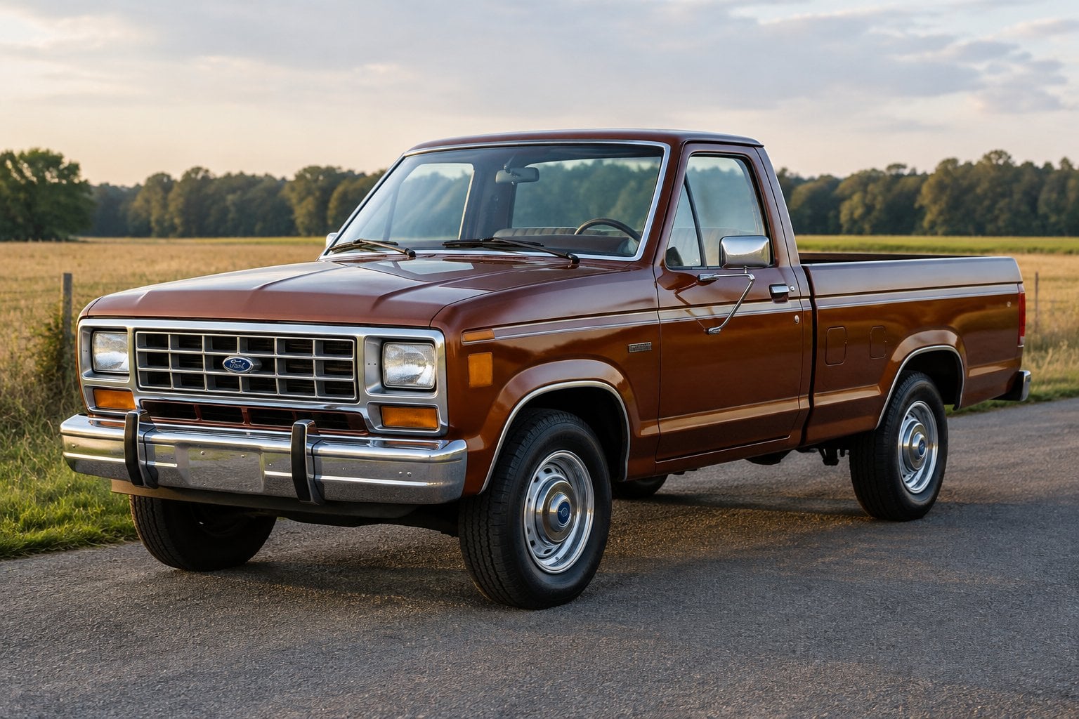 A vintage compact pickup truck parked on a quiet rural road beside an open field.