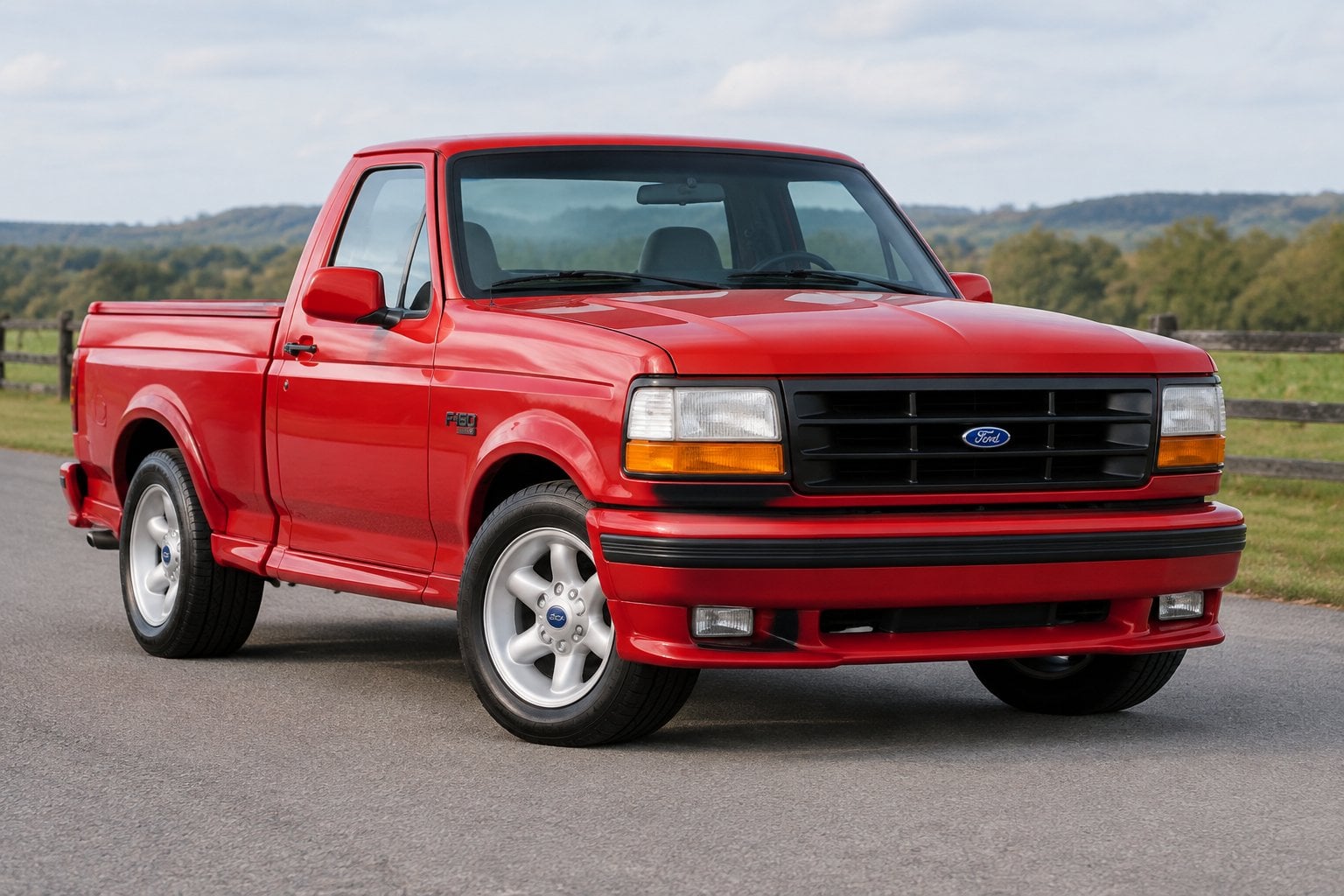 A red 1993 Ford F-150 Lightning parked on a quiet road.