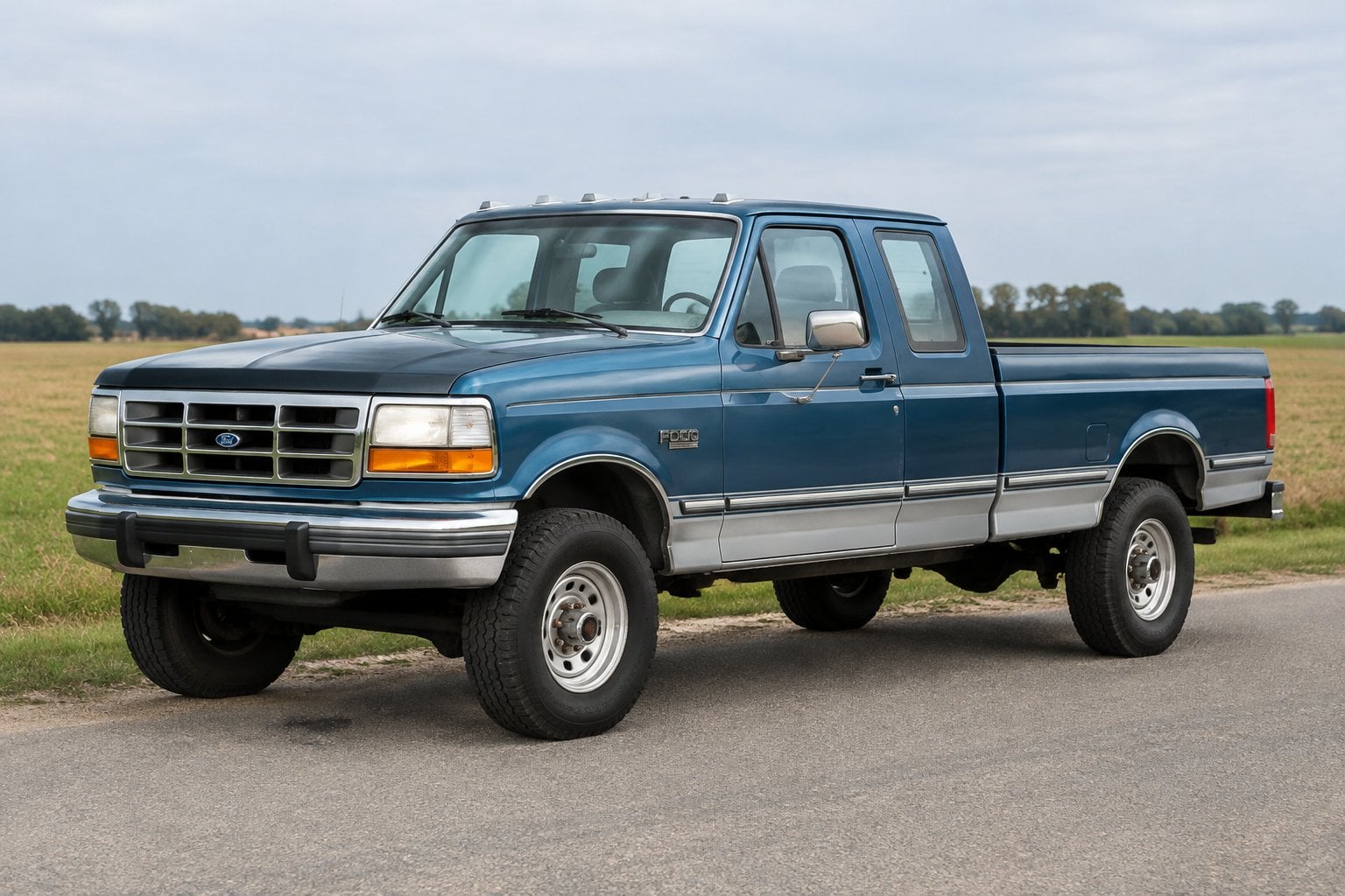 A 1994 Ford F-250 pickup parked beside an open field.